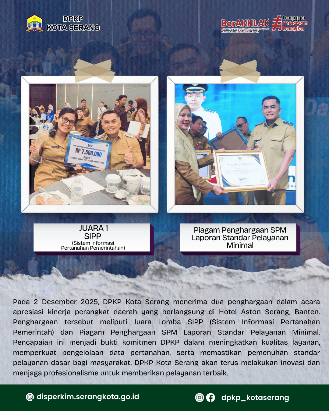 DPKP Kota Serang meraih dua penghargaan dalam acara apresiasi kinerja perangkat daerah yang digelar di Hotel Aston Serang, Banten